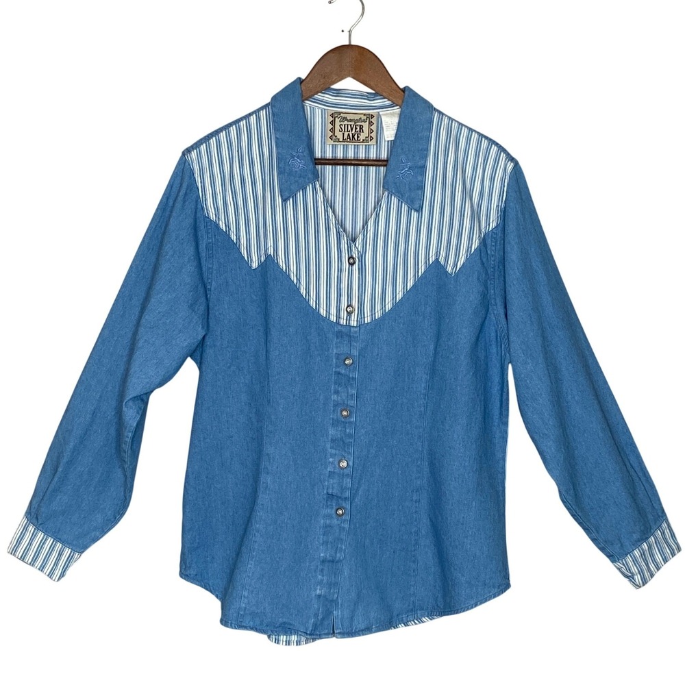 VTG 90s Wrangler Silver Lake Womens Denim Western Shirt L Blue Striped Cowgirl